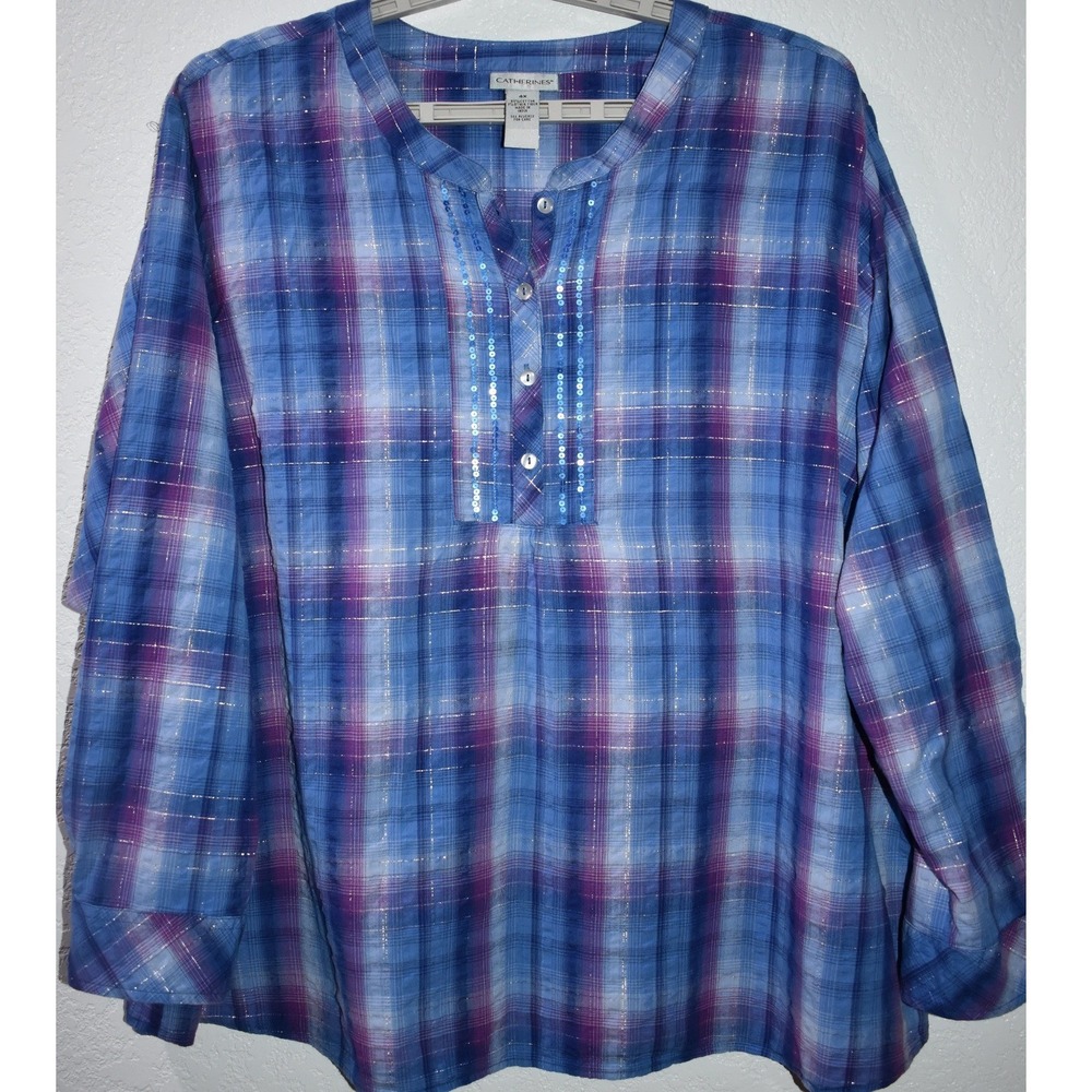 Catherines 4X Blue Purple Plaid Sequin Button Tab‎ Roll Sleeve Tunic Top Blouse